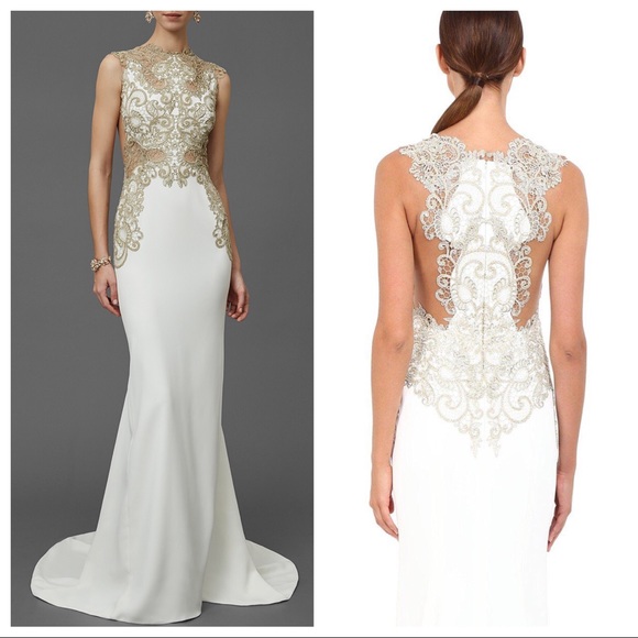 { Marchesa } Crepe A Line Gown Gold Beading & Lace - Picture 2 of 4